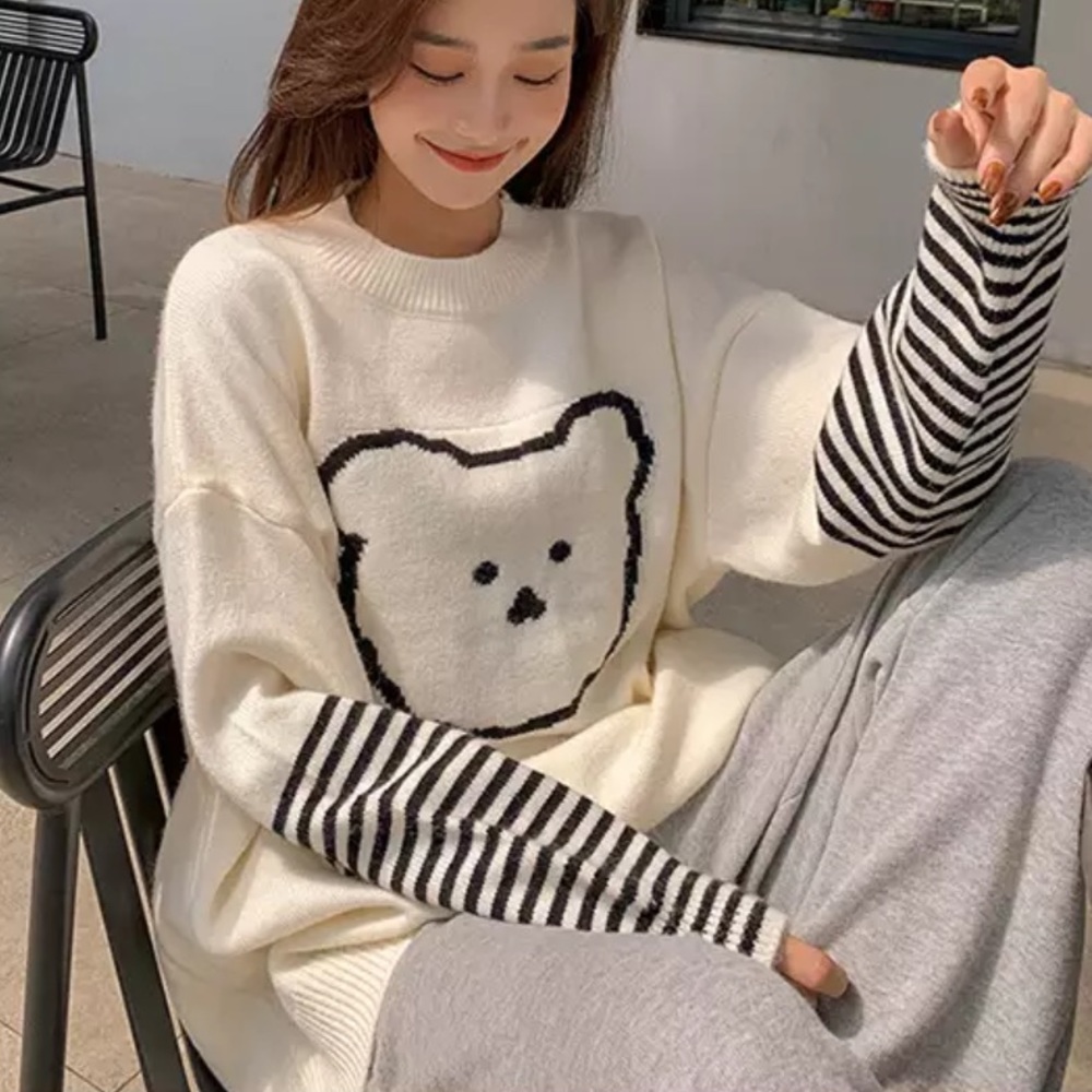 Bear sweater knit cream black stripe long sleeve crewneck cartoon